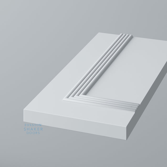 Detail: Primed Flat Tall End Panels with Reed Moulding